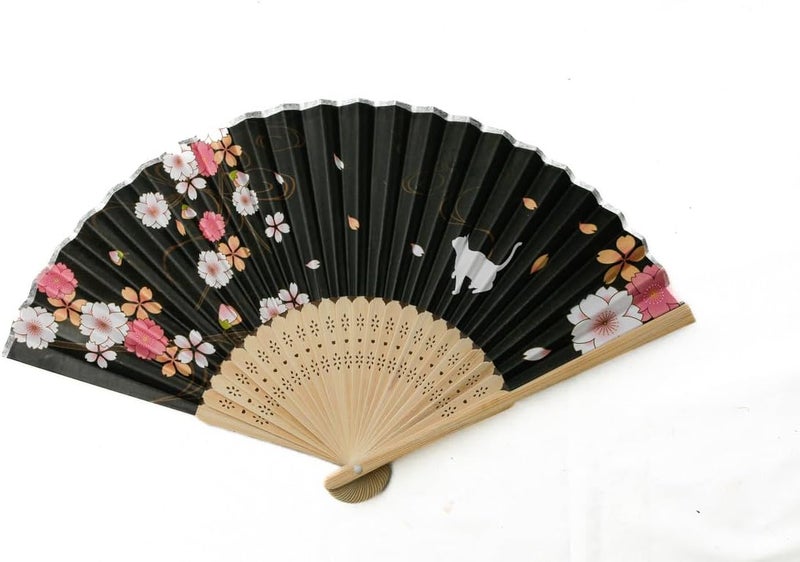 Daiso Paper Folding Fan - 21cm (8.26in) - Cat and Cherry Blossom Design - Image 1